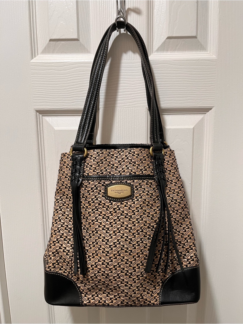 Tignanello Black and Cream Woven Shoulder Tote